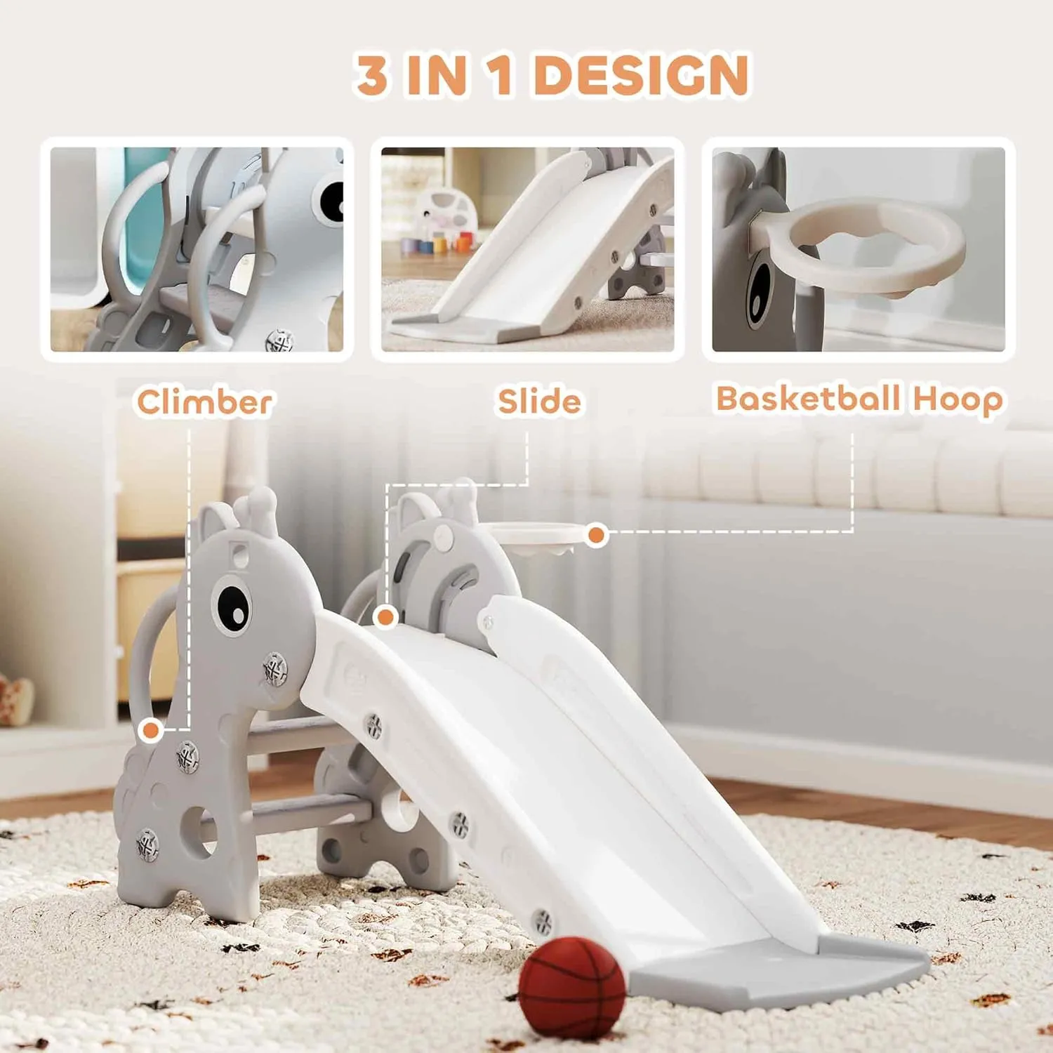 Qaba Toddler Slide with Climber, Basketball Hoop and Ball, Indoor Kids Slide with Giraffe Design, Freestanding Playground Equipment for Age 1-3 Years, Gray