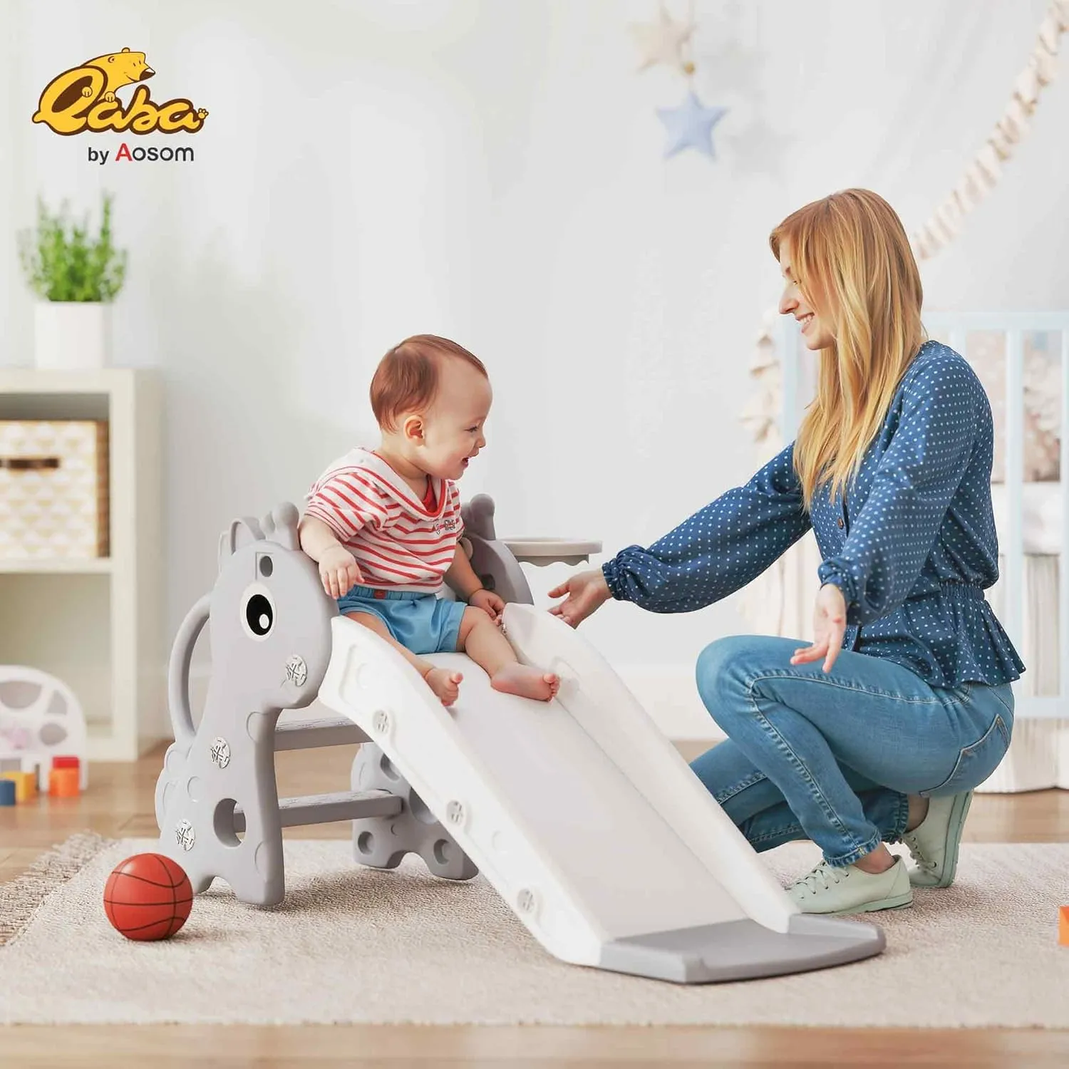 Qaba Toddler Slide with Climber, Basketball Hoop and Ball, Indoor Kids Slide with Giraffe Design, Freestanding Playground Equipment for Age 1-3 Years, Gray