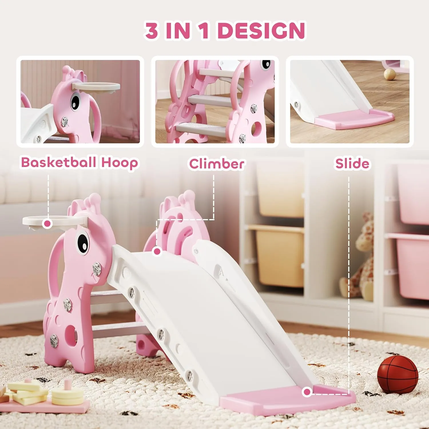 Qaba Toddler Slide with Climber, Basketball Hoop and Ball, Indoor Kids Slide with Giraffe Design, Freestanding Playground Equipment for Age 1-3 Years, Pink