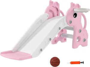 Qaba Toddler Slide with Climber, Basketball Hoop and Ball, Indoor Kids Slide with Giraffe Design, Freestanding Playground Equipment for Age 1-3 Years, Pink