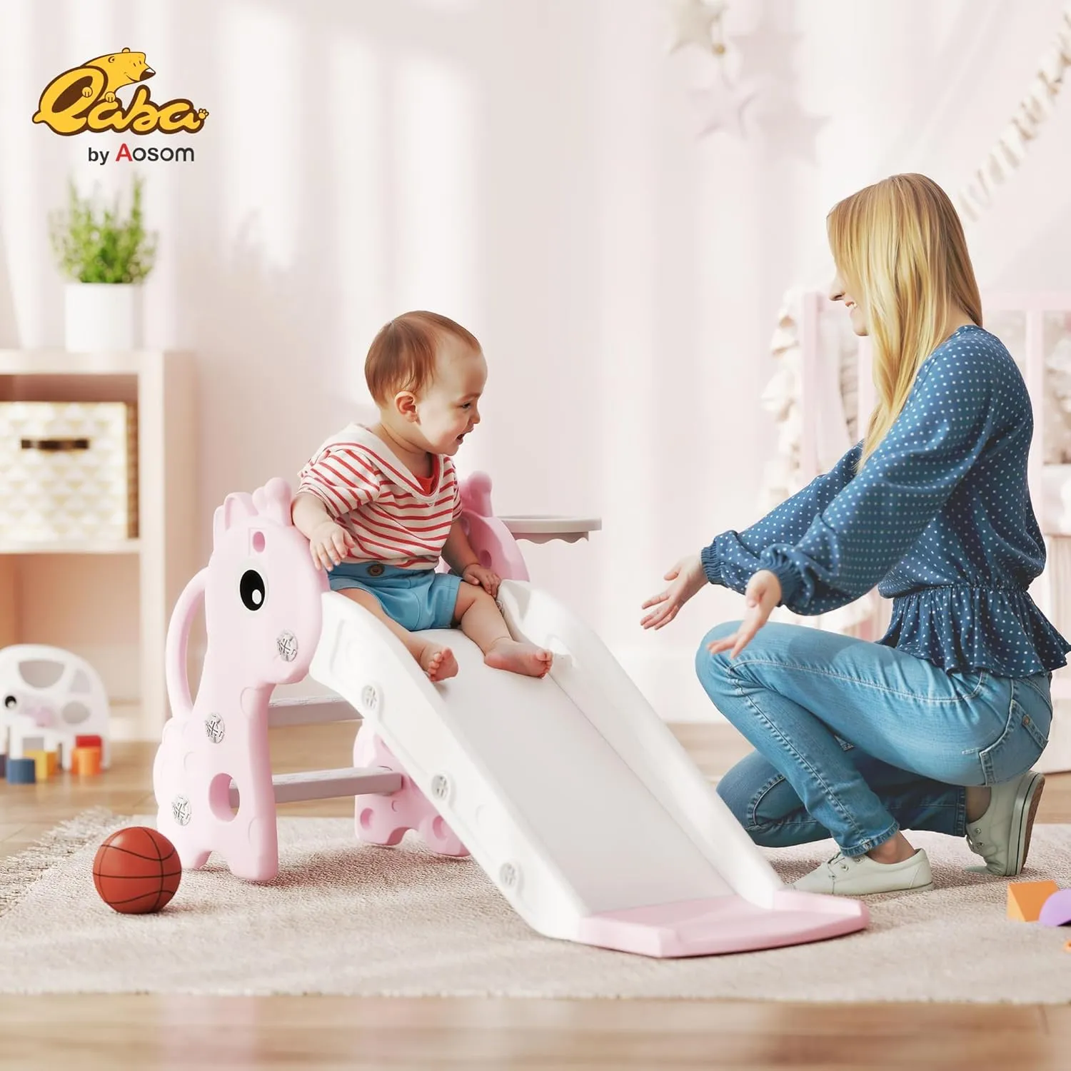 Qaba Toddler Slide with Climber, Basketball Hoop and Ball, Indoor Kids Slide with Giraffe Design, Freestanding Playground Equipment for Age 1-3 Years, Pink