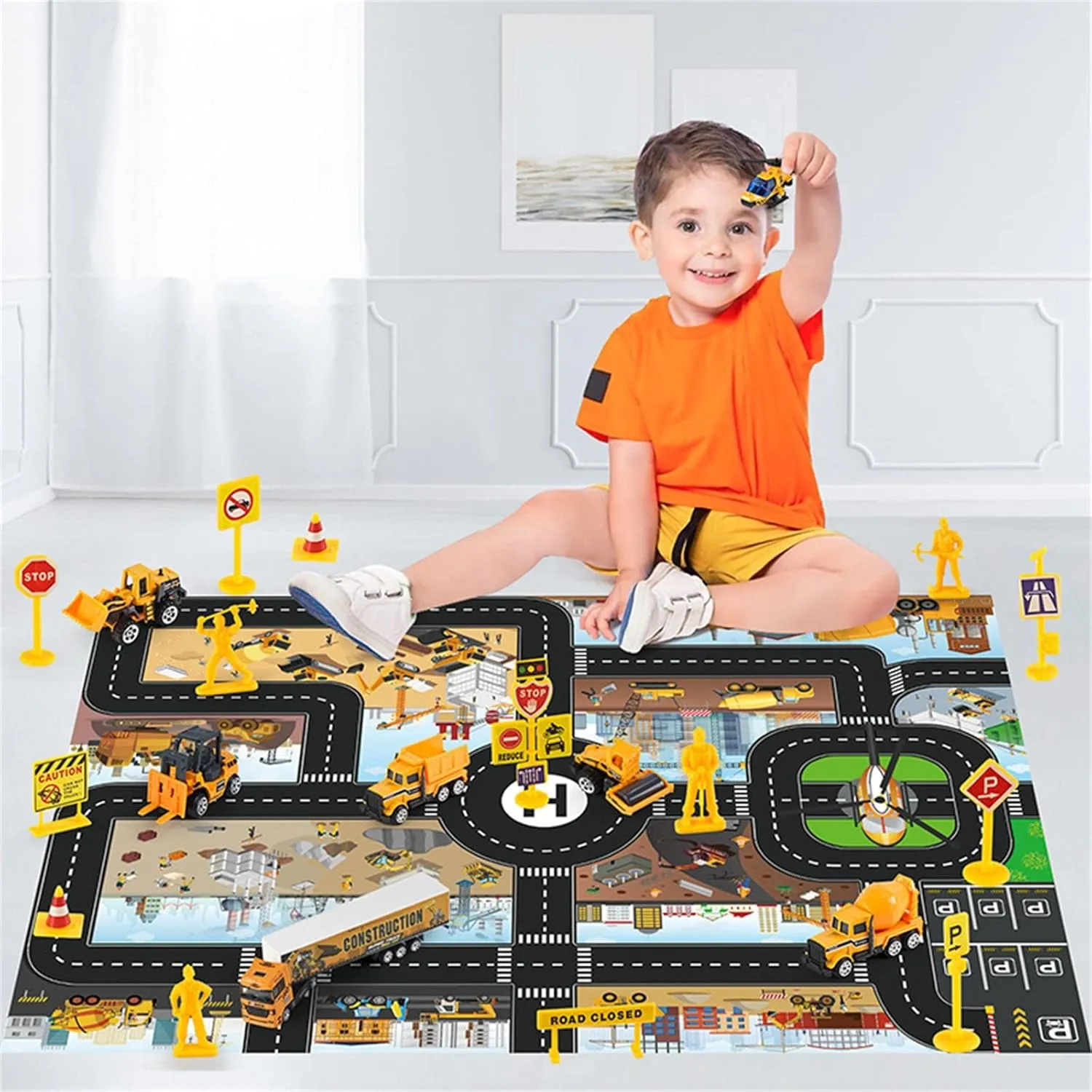 QAPIZM Small Diecast Construction Vehicle Toy Trucks with Play Mat Road Signs, 23 Pcs Mini Forklift Bulldozer Excavator Mixer Dump Truck Roller Helicopter Truck Carrier Birthday Toddler Boys Girl