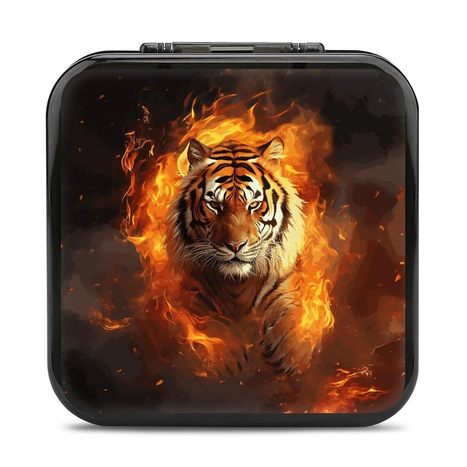 QMNBTES Cool Tiger in Flame Switch Game Case Switch Game Holder Cartridge Case Storage 24 Games & 2 Micro Sd Card Slots, Travel Carry Cases, Portable Games Card Storage, Hard Shell, Buckle Closure