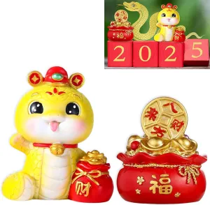 QNNEFF 2025 Chinese New Year Snake Figurine 2PCS Year of The Snake Chinese Gifts Wealth Snake with Fortune Bag Statues Chinese Zodiac Snake Collectible Figurine Fengshui Table Decor