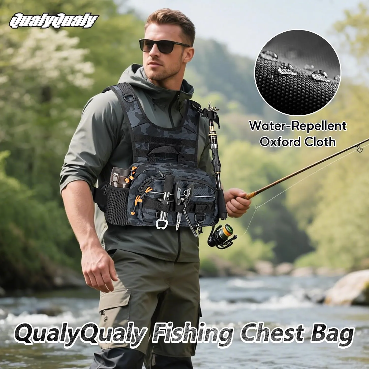 QualyQualy Fishing Chest Pack Tactical Chest Rig Fly Fishing Pack for Sports Outdoor with Compartment Adjustable Strap
