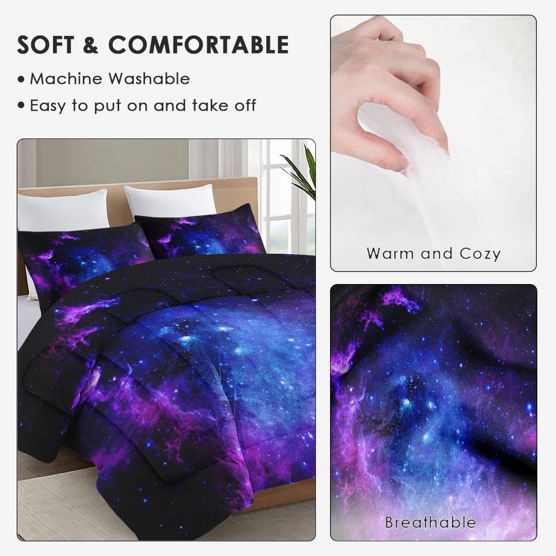 Queen Size Comforter Set with 2 Pillowcases, Purple Blue Earth Galaxy Space Soft 3 Pcs Bedding for Kids and Adults Bedroom Bed Decor