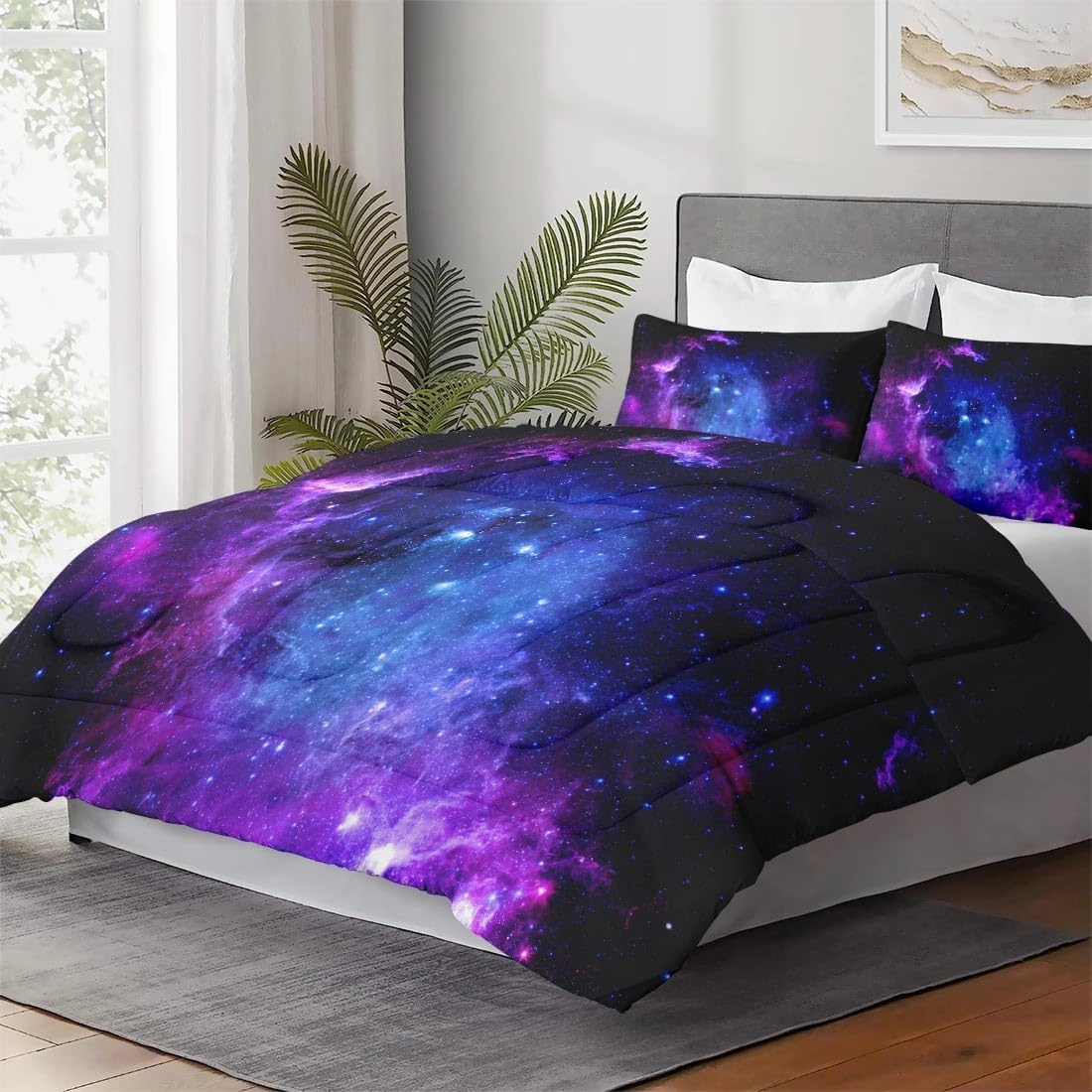 Queen Size Comforter Set with 2 Pillowcases, Purple Blue Earth Galaxy Space Soft 3 Pcs Bedding for Kids and Adults Bedroom Bed Decor