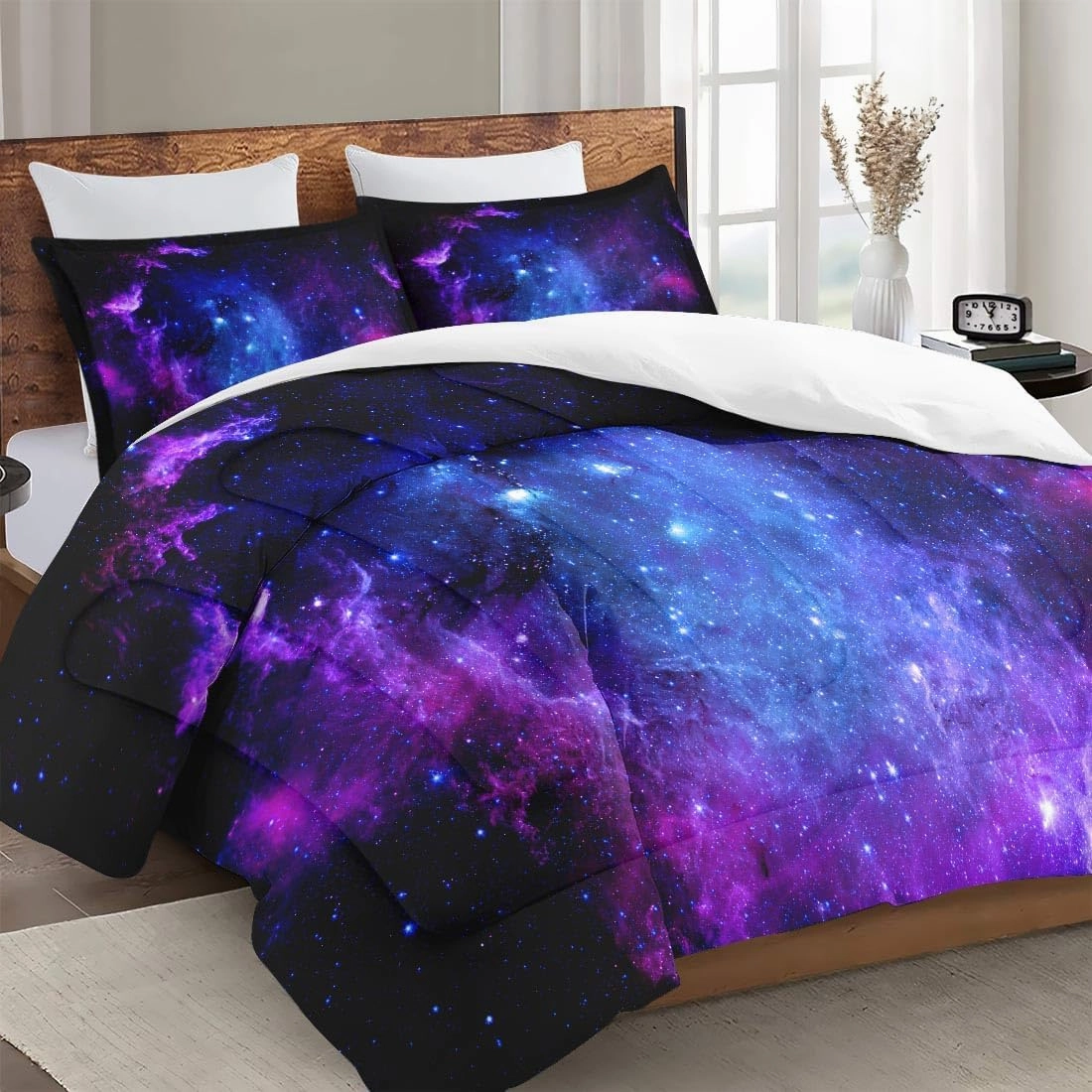 Queen Size Comforter Set with 2 Pillowcases, Purple Blue Earth Galaxy Space Soft 3 Pcs Bedding for Kids and Adults Bedroom Bed Decor