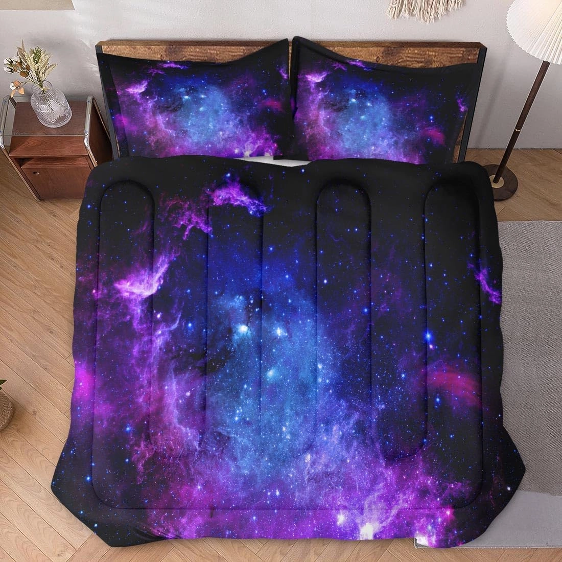 Queen Size Comforter Set with 2 Pillowcases, Purple Blue Earth Galaxy Space Soft 3 Pcs Bedding for Kids and Adults Bedroom Bed Decor