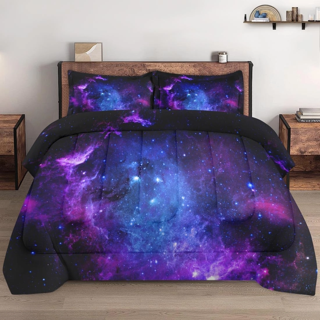 Queen Size Comforter Set with 2 Pillowcases, Purple Blue Earth Galaxy Space Soft 3 Pcs Bedding for Kids and Adults Bedroom Bed Decor
