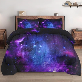 Queen Size Comforter Set with 2 Pillowcases, Purple Blue Earth Galaxy Space Soft 3 Pcs Bedding for Kids and Adults Bedroom Bed Decor