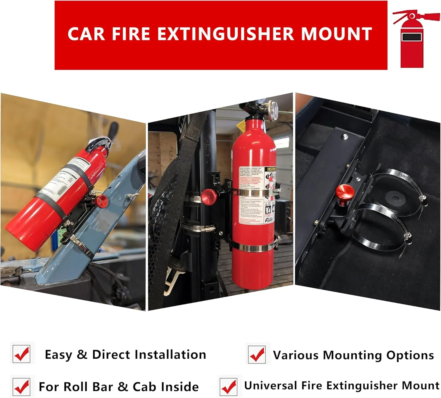 Quick Release Fire Extinguisher Mount - Aluminum Adjustable UTV Roll Bar Fire Extinguisher Holder Mounting Bracket for Jeep Wrangler TJ JK JL JKU Polaris RZR Ranger Cam-Am X3 Universal