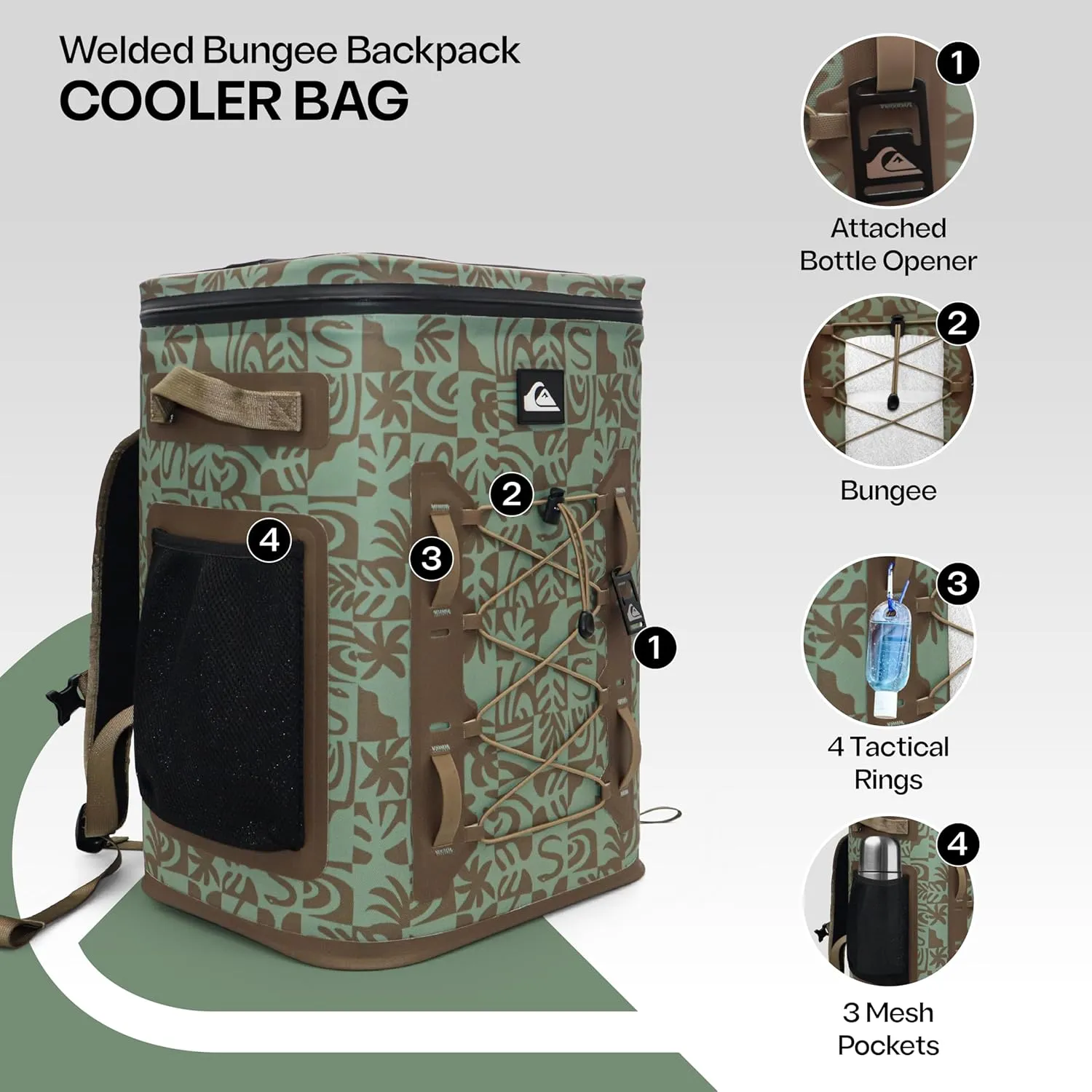 Quiksilver Welded Bungee Backpack Cooler, 30L/36 Cans, 48-72 Hours Insulation, Leakproof & Waterproof IPX7 Rated, Heavy-Duty 600D TPU, Adjustable Straps, Tactical Rings & Mesh Pockets