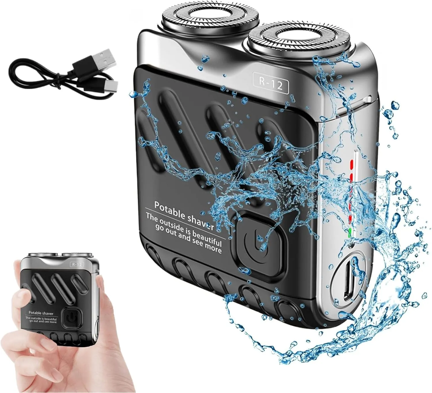 R-12 Luggage Electric Shaver of Father, Men's Portable Mini Electric Shaver-Fully Waterproof Fast Charging Long Battery Life Double-Ring Magnetic Cutter for Home Travel (Black)