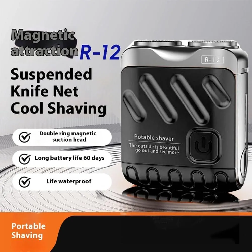 R-12 Luggage Electric Shaver of Father, Men's Portable Mini Electric Shaver-Fully Waterproof Fast Charging Long Battery Life Double-Ring Magnetic Cutter for Home Travel (Black)
