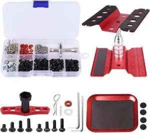 RC Car Work Stand RC Tool Kit Repair Workstation Aluminum Alloy 360 Degree Rotate w/Screw Kit & Screw Tray, Wheel Wrench for 1/8 1/10 1/12 1/16 Scale Models Cars Trucks (Red)