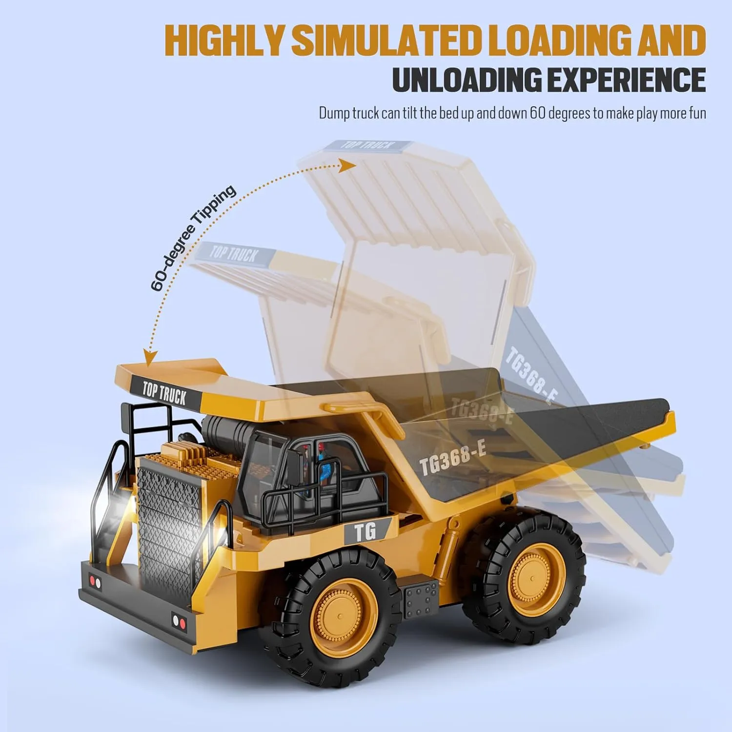 RC Dump Truck Toy, 9-Channel Remote Control Toy with Metal Bed & Light, Rechargeable Battery, Kids Construction Vehicle Truck for 3  Boys, Perfect 2024 Kid Birthday Gift for Ages 3-12