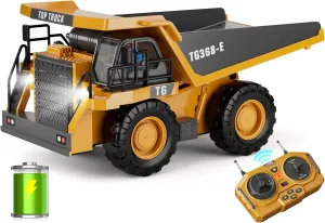 RC Dump Truck Toy, 9-Channel Remote Control Toy with Metal Bed & Light, Rechargeable Battery, Kids Construction Vehicle Truck for 3  Boys, Perfect 2024 Kid Birthday Gift for Ages 3-12