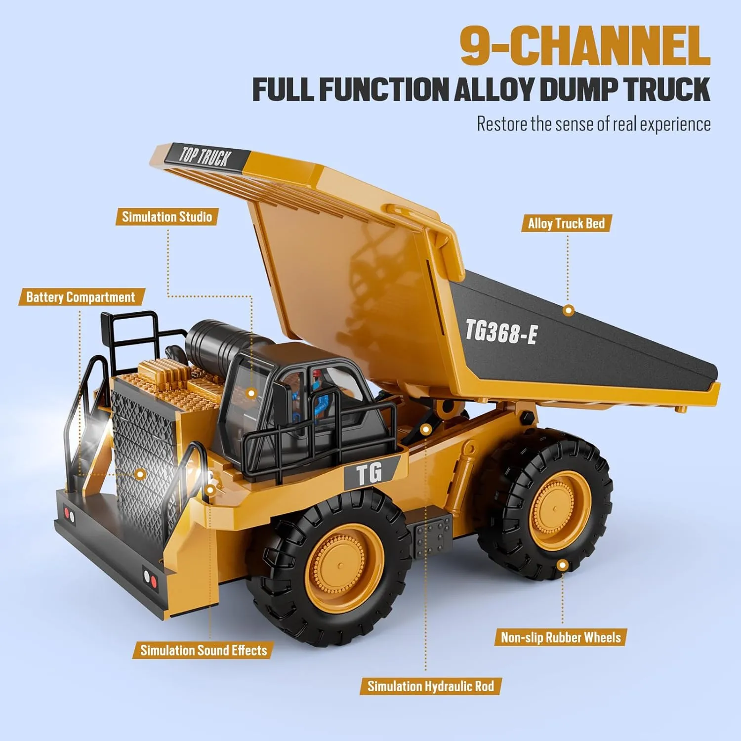 RC Dump Truck Toy, 9-Channel Remote Control Toy with Metal Bed & Light, Rechargeable Battery, Kids Construction Vehicle Truck for 3  Boys, Perfect 2024 Kid Birthday Gift for Ages 3-12