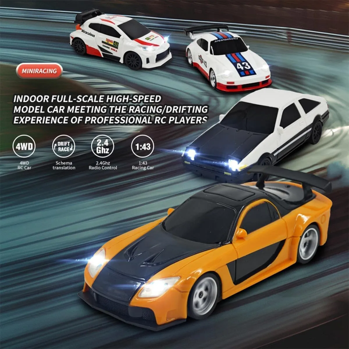 RC Electric Mini Racing Drift Car Model, 1:43 Scale 2.4G Full Scale Linkage Light Set Max Speed 15km/h Indoor/Outdoor Mini RC Car Hobbyist Gift
