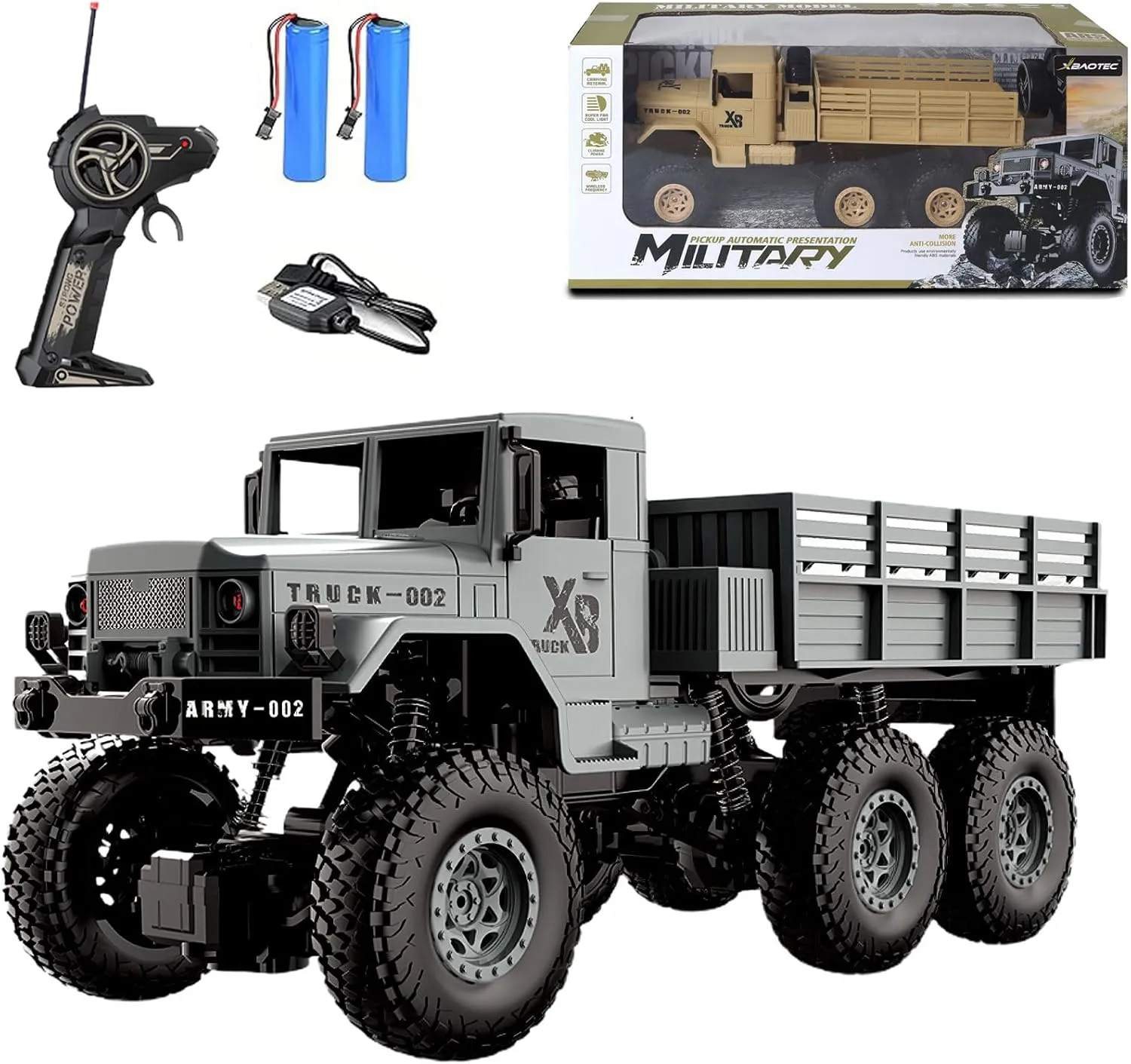 RC Military Truck Toy for Boys Age 4-12 Years Old, 6WD 1/16 Scale Off Road Remote Control Army Crawler, All Terrain Rock Big Monster Transport Vehicle Toy for Kids Birthday Gift (Gray)
