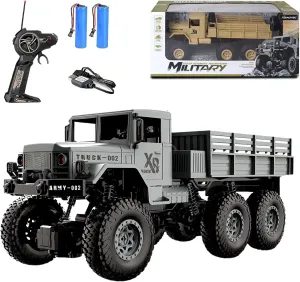 RC Military Truck Toy for Boys Age 4-12 Years Old, 6WD 1/16 Scale Off Road Remote Control Army Crawler, All Terrain Rock Big Monster Transport Vehicle Toy for Kids Birthday Gift (Gray)