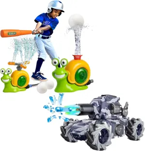 RC Tank & Water Sprinkler Baseball Toy, Water Bullet Shooting RC Stunt Car and 2 in 1 Snail Sprinkler with Bat and Balls for Backyard Lawn Pool Summer Game