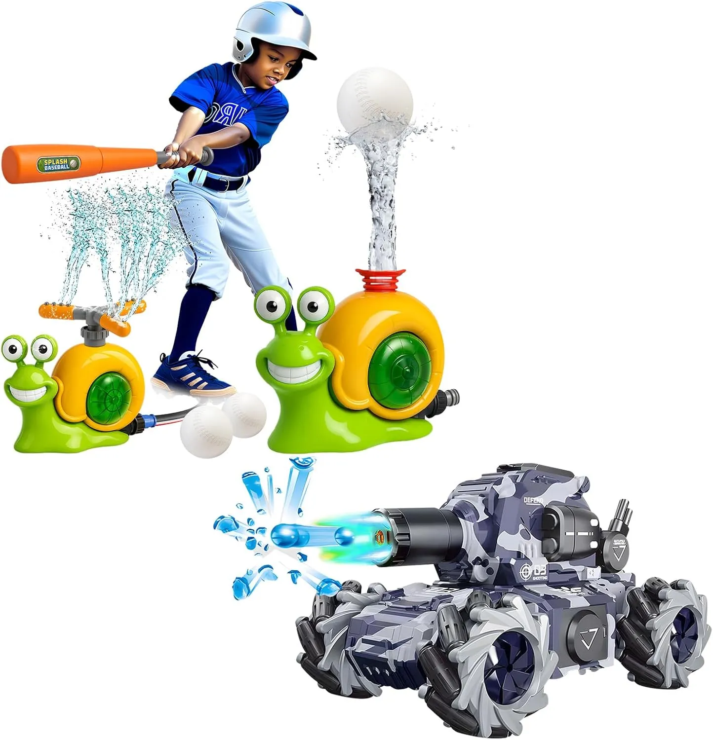 RC Tank & Water Sprinkler Baseball Toy, Water Bullet Shooting RC Stunt Car and 2 in 1 Snail Sprinkler with Bat and Balls for Backyard Lawn Pool Summer Game