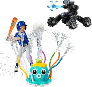 RC Tank Car & Water Sprinkler Baseball Toy, Shooting Water Bullets Remote Control Tank and 2-in-1 Splash Game with Bat & Balls Gift for Boy Girl Fun Lawn Activities