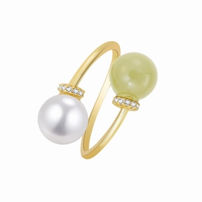 Real Natural Hetian Jade Rings for Women Girl, Handmade Crystal Pearl Green Jade Rings Jewelry for Friends, Lover (925 Sterling Silver with Real Gold Plated)