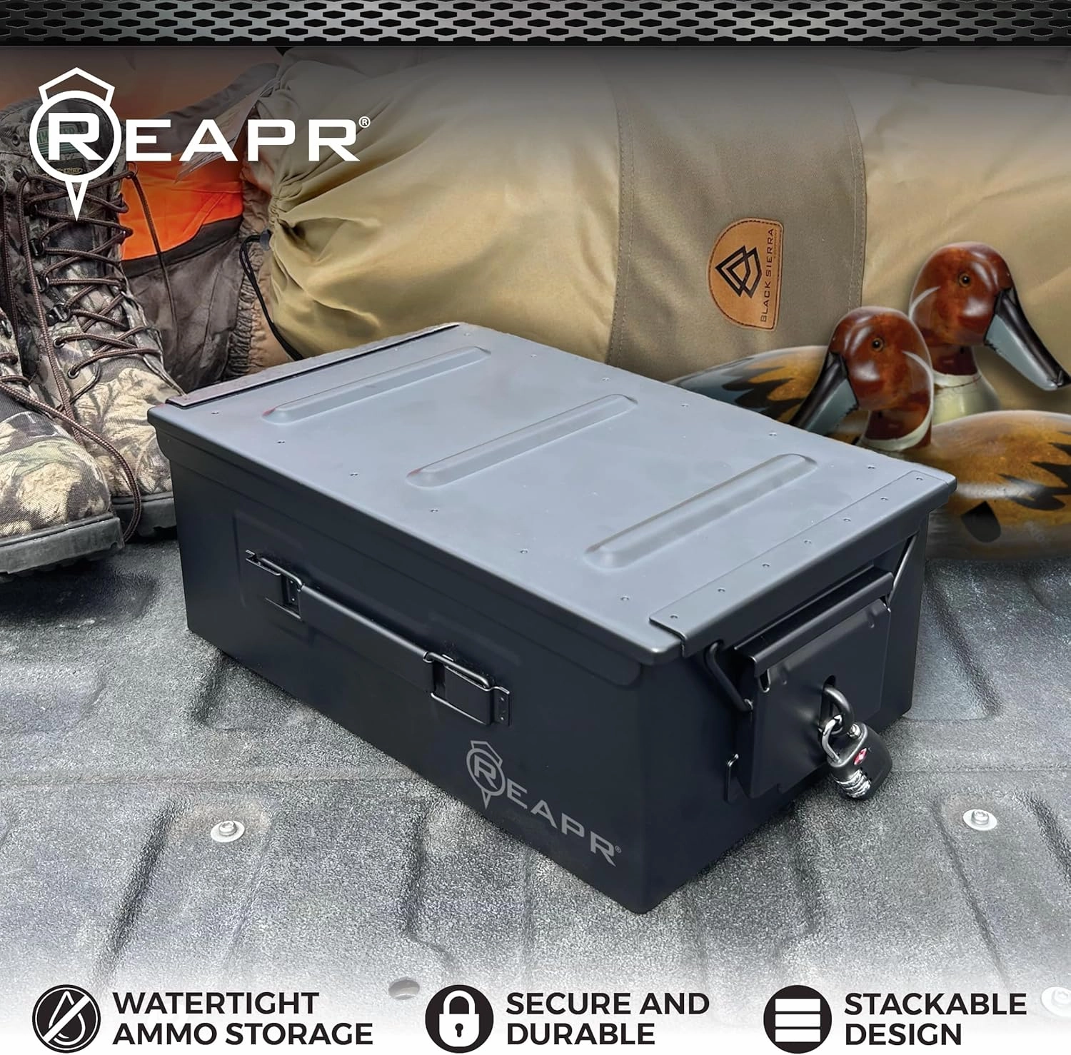 Reapr Steel Ammo Can, Heavy Duty Locking Metal Ammo Storage Box, Airtight and Watertight 30 Cal or 50 Cal Case for Rifle, Shotgun, Pistol, Military Footlocker Style Tool and Gear Organizer