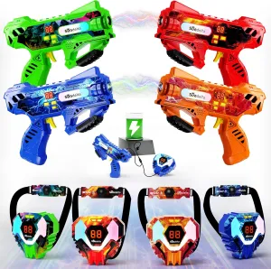 Rechargeable Laser Tag Guns Set of 4 with 360°Sensors & LED Display Real-Time Hit Feedback, Front Vest & Back Target Full-Body Game for Kids Ages 8-12, Teens and Adults - Indoor/Outdoor Party Toys