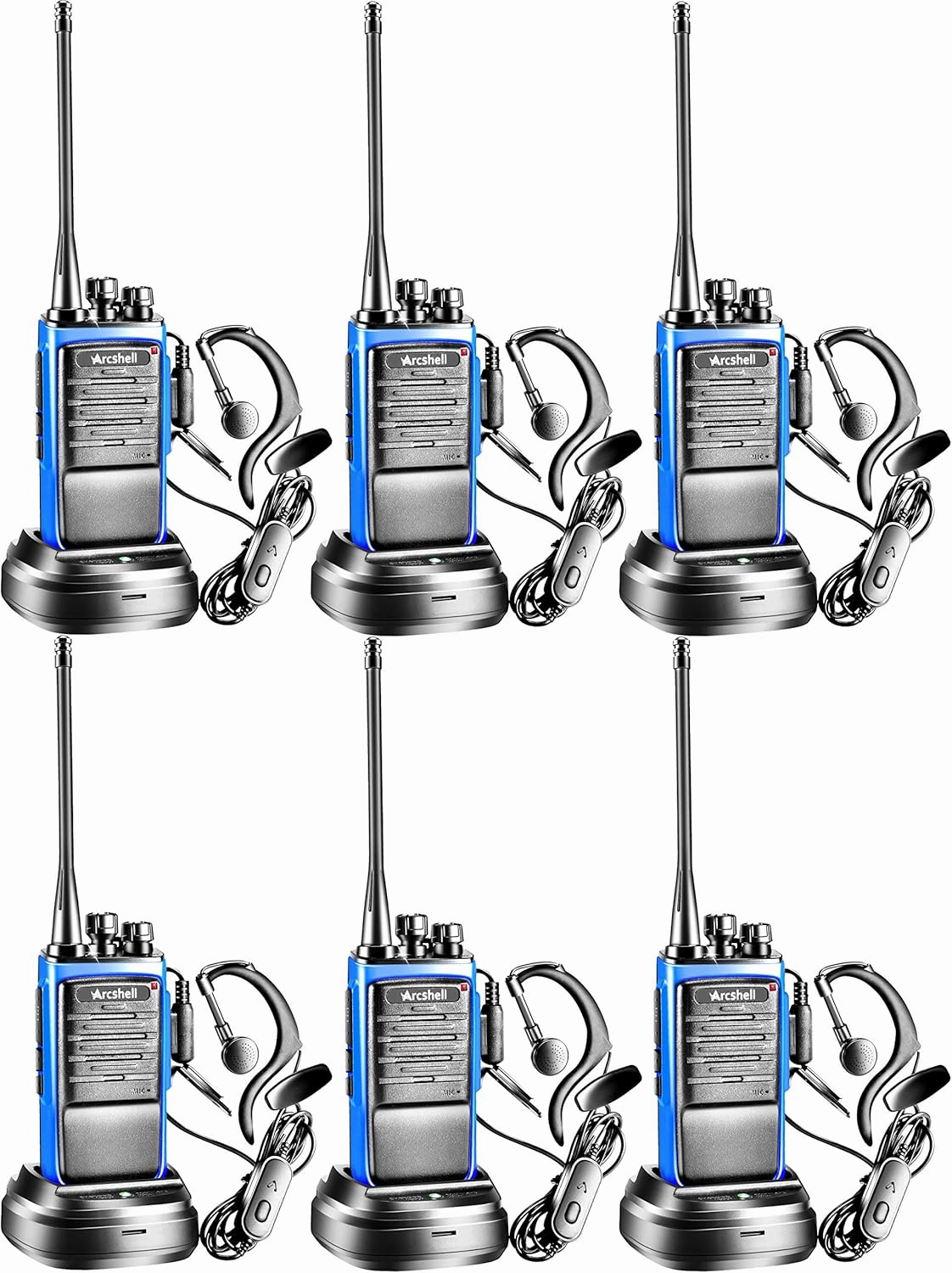 Rechargeable Long Range Two-Way Radios with Earpiece 6 Pack Arcshell AR-6 Walkie Talkies Li-ion Battery and Charger Included
