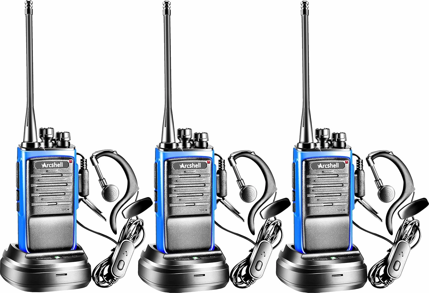 Rechargeable Long Range Two-Way Radios with Earpiece Headsets 3 Pack Arcshell AR-6 Walkie Talkies Li-ion Battery and Charger Included