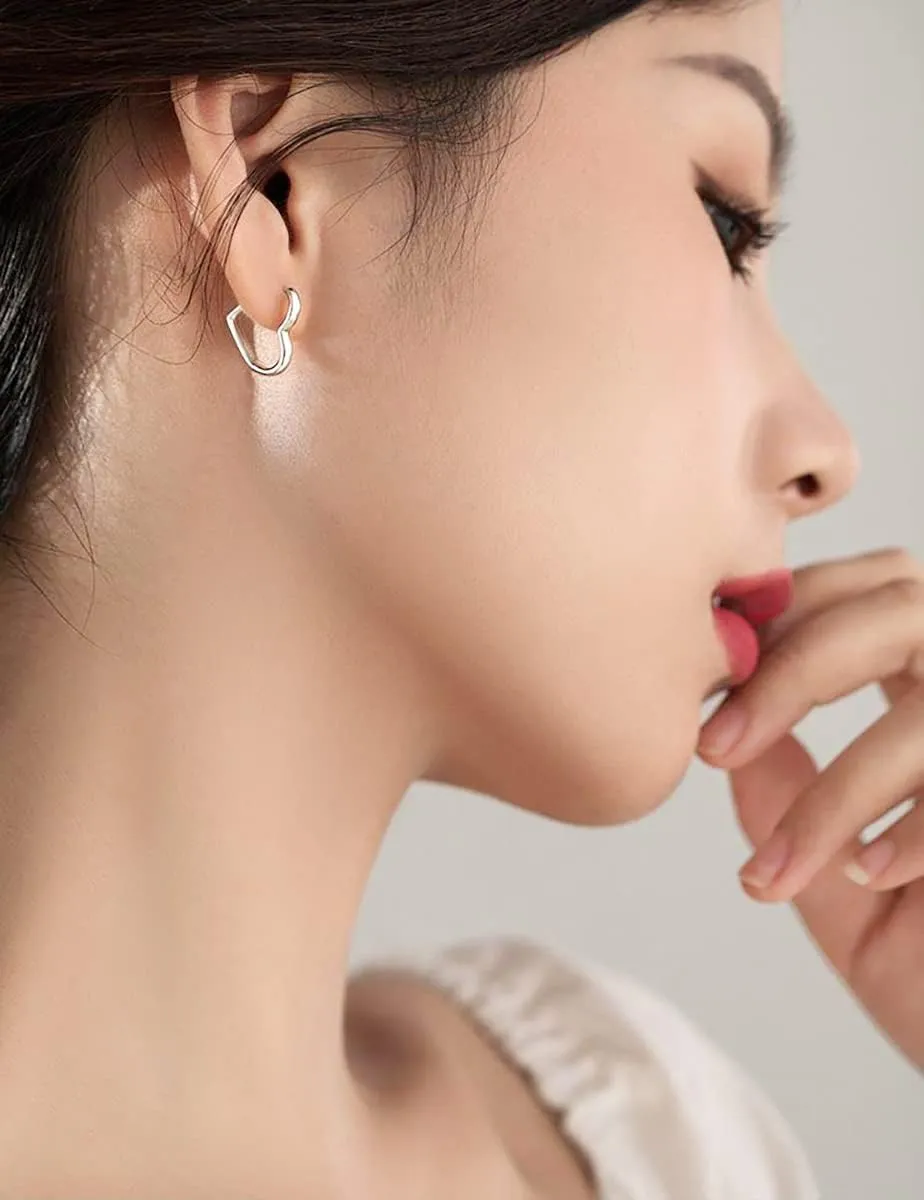 Reffeer Solid 925 Sterling Silver Heart Earrings Hoop Minimalist Sleeper Huggie Earrings For Women Teens