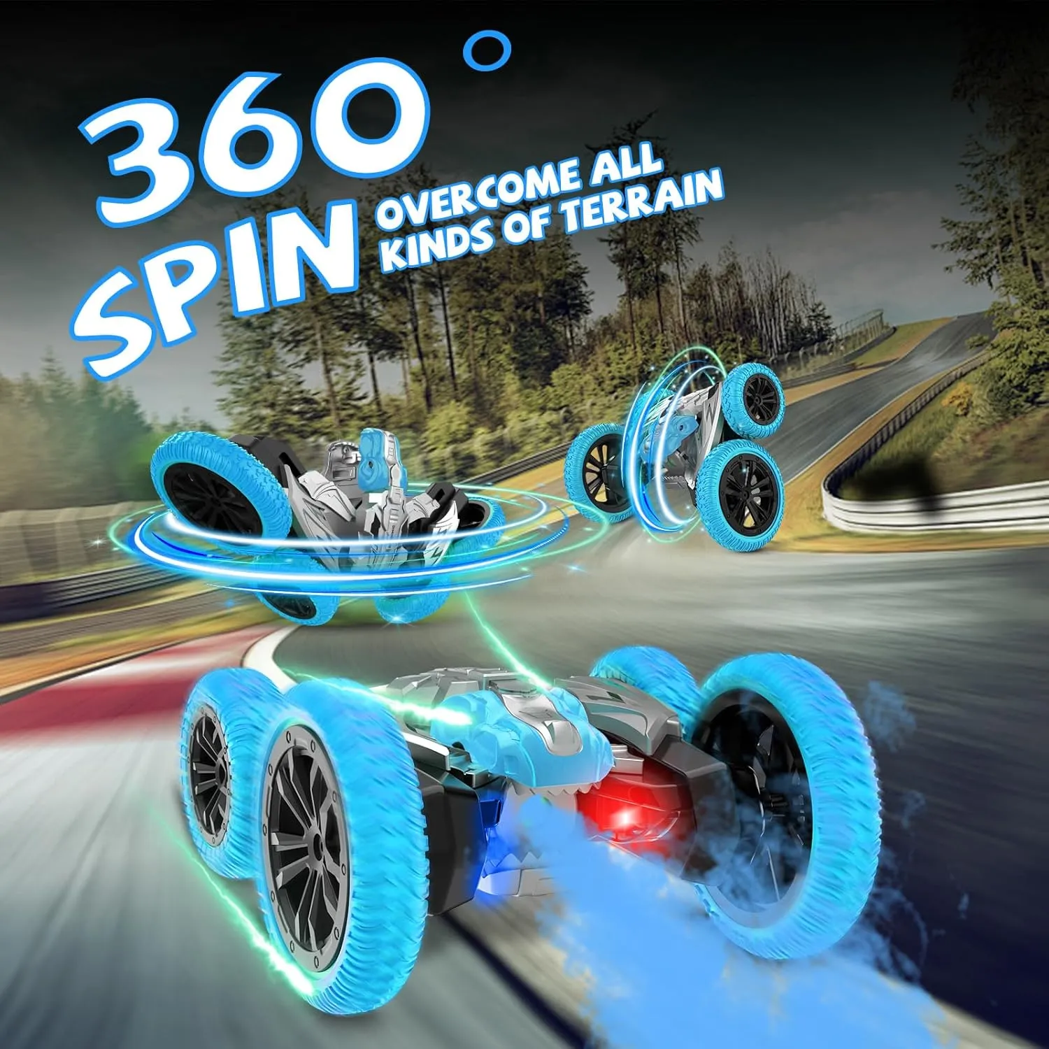 Remote Control Car, 360° Rotating RC Stunt Car with Lights and Spray, 2.4Ghz 4WD Double-Sided Driving RC Car Toys for Kids, Outdoor Dinosaur Truck Gift for Boys and Girls Age 4-7,8-12 (Blue)