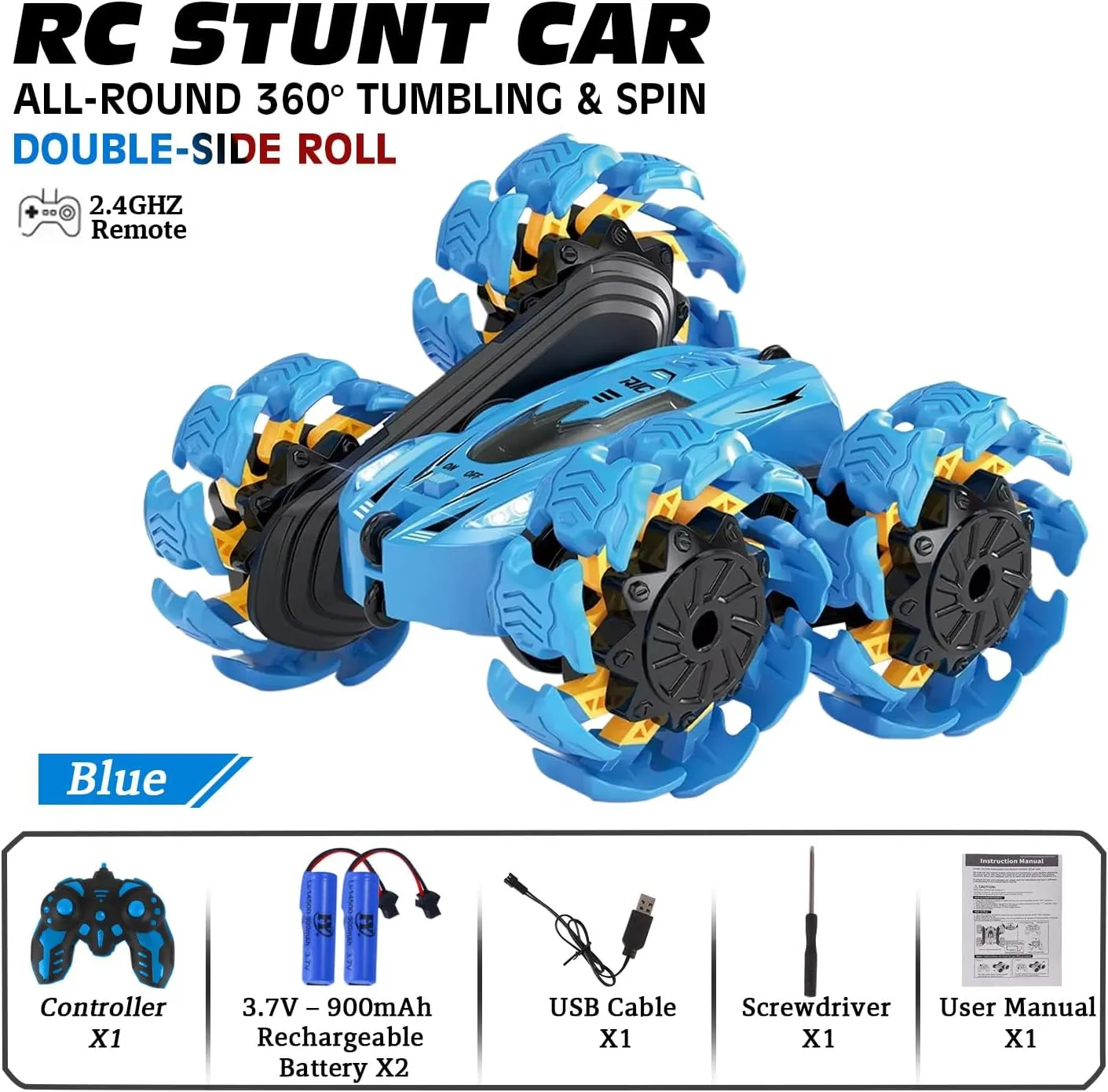 Remote Control Car, New Upgraded Double-Sided 360° Rotating RC Toy Cars with LED Headlights, 2.4GHz Rechargeable Electric Race Stunt Car with 4WD, Best Gift for 6-12 Year Old Boys and Girls (Blue)