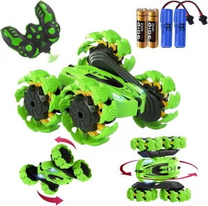 Remote Control Car, New Upgraded Double-Sided 360° Rotating RC Toy Cars with LED Headlights, 2.4GHz Rechargeable Electric Race Stunt Car with 4WD, Best Gift for 6-12 Year Old Boys and Girls (Green)