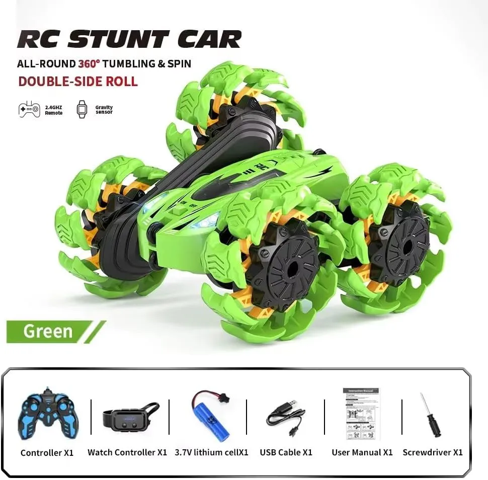 Remote Control Car, New Upgraded Double-Sided 360° Rotating RC Toy Cars with LED Headlights, 2.4GHz Rechargeable Electric Race Stunt Car with 4WD, Best Gift for 6-12 Year Old Boys and Girls (Green)
