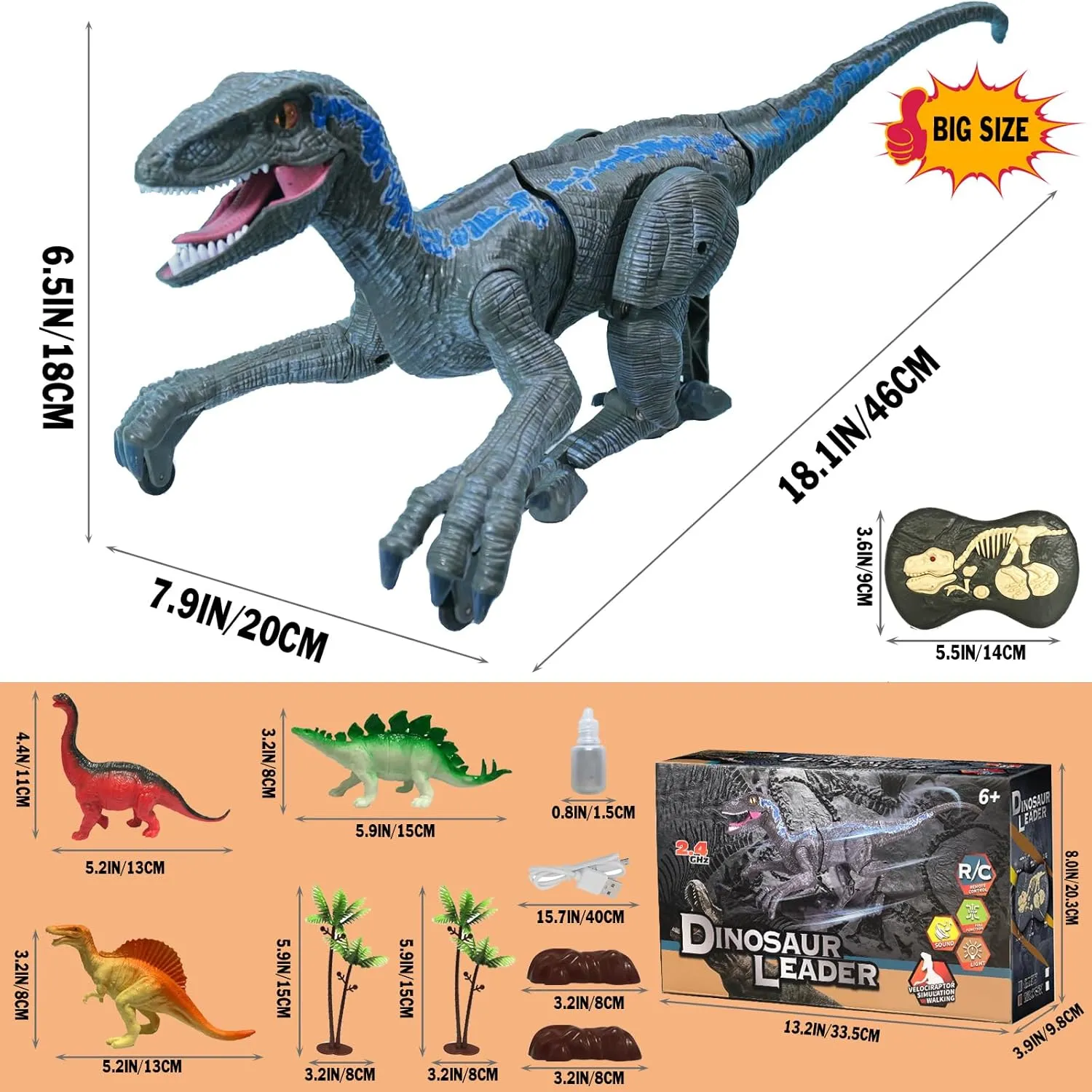 Remote Control Dinosaur Toys for Boys Kids Girls 3 4 5 6 7 8 Electronic RC Robot Toy Walking Roaring Velociraptor Realistic 18.1" Jurassic Dino Rechargeable Raptor Blue Birthday Gift
