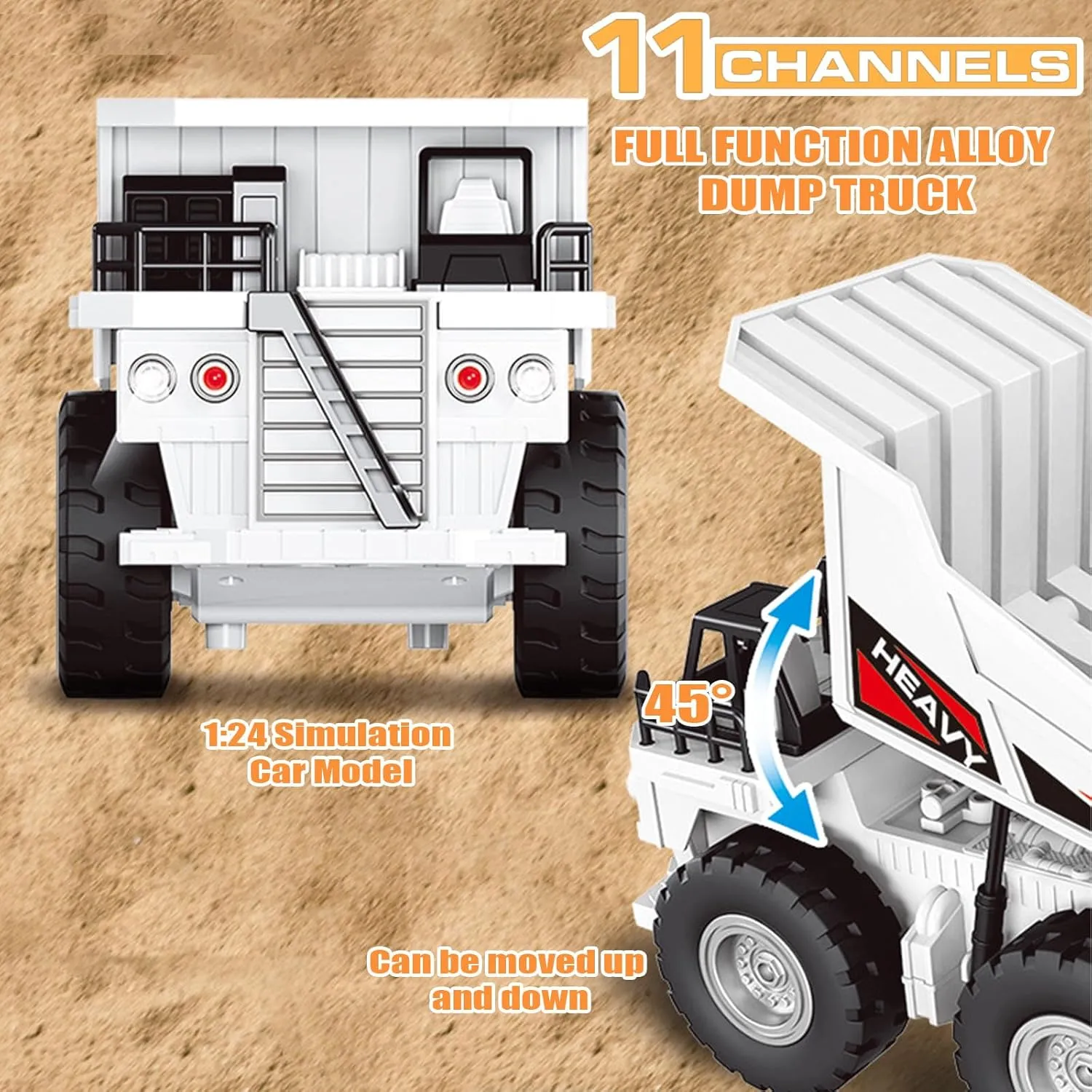Remote Control Dump Truck Toy for Boys 8-12 Construction Vehicle with Metal Bed 11CH Alloy RC Dump Truck for Kids Outdoor Sand Digger, Realistic Construction Toys Gift