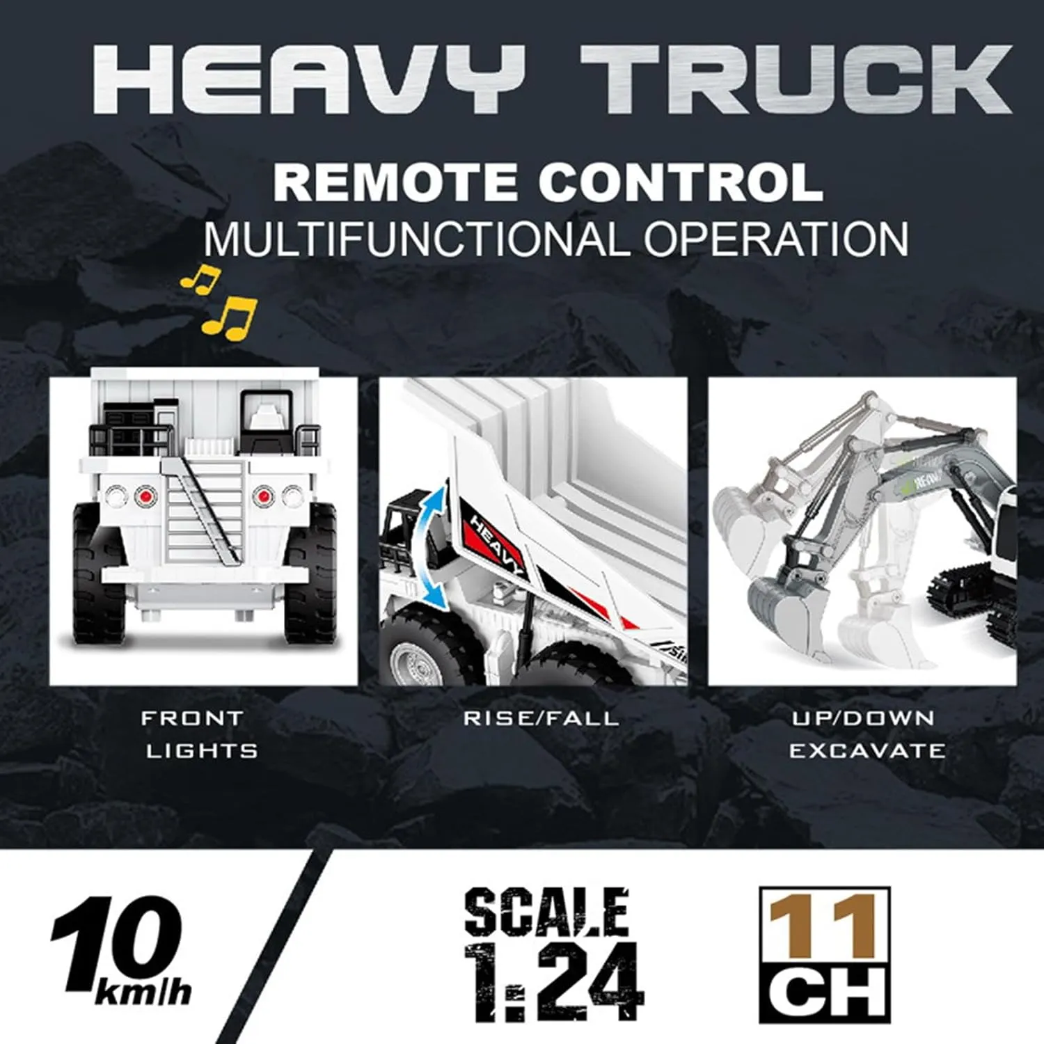 Remote Control Dump Truck Toy for Boys 8-12 Construction Vehicle with Metal Bed 11CH Alloy RC Dump Truck for Kids Outdoor Sand Digger, Realistic Construction Toys Gift