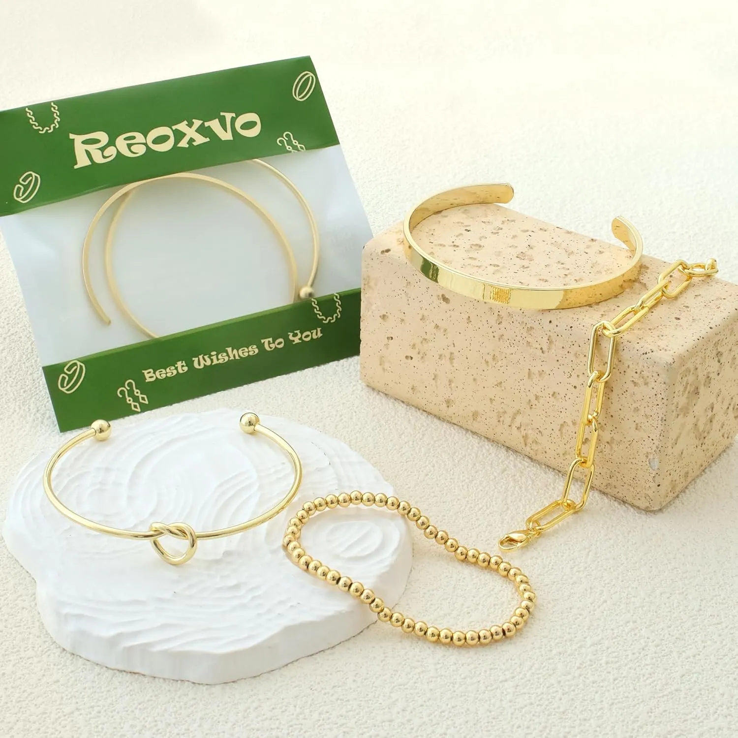 Reoxvo 14K Gold Plated Bangle Cuff Bracelets for Women Non Tarnish Gold Bracelet Stack Jewelry Set for Women Trendy