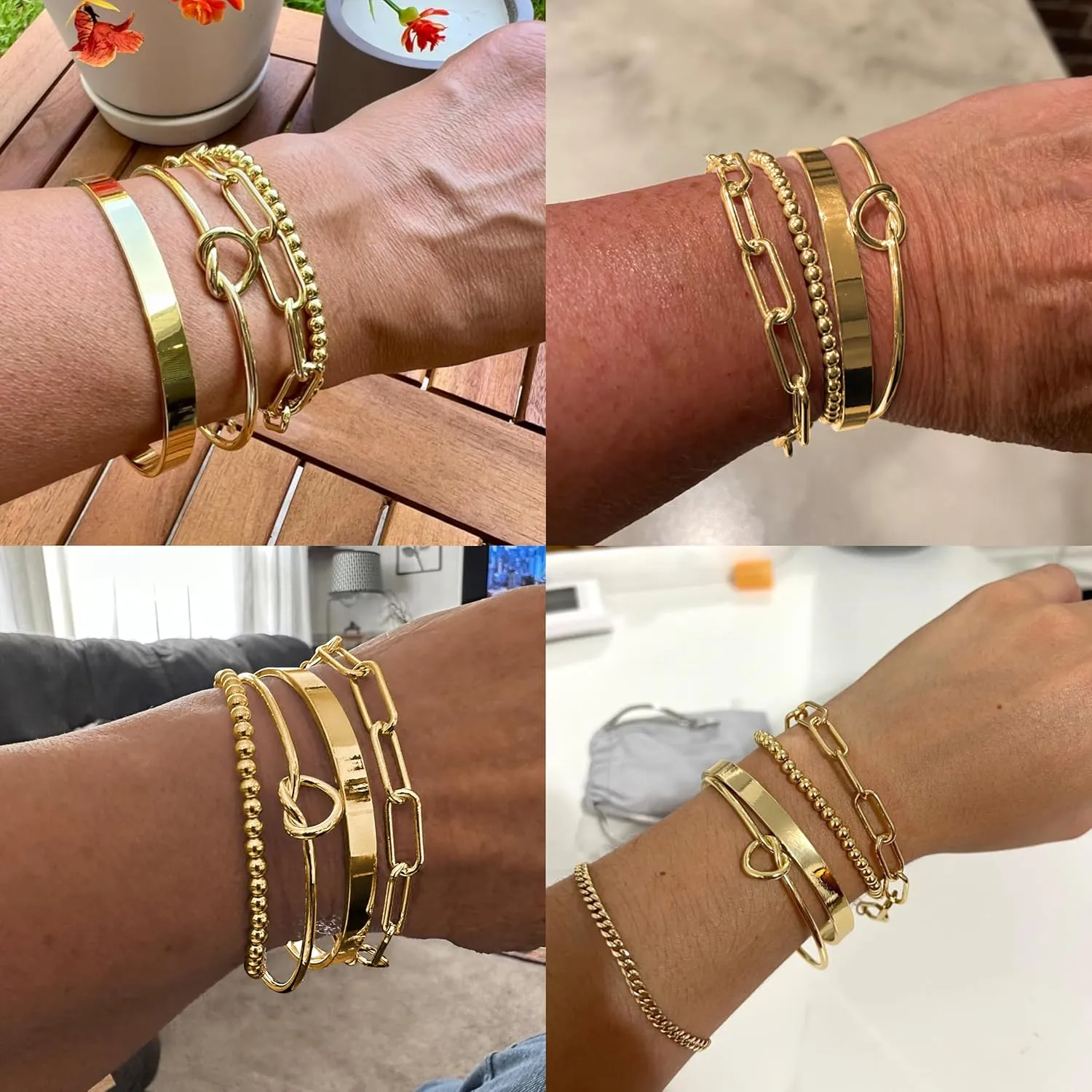 Reoxvo 14K Gold Plated Bangle Cuff Bracelets for Women Non Tarnish Gold Bracelet Stack Jewelry Set for Women Trendy