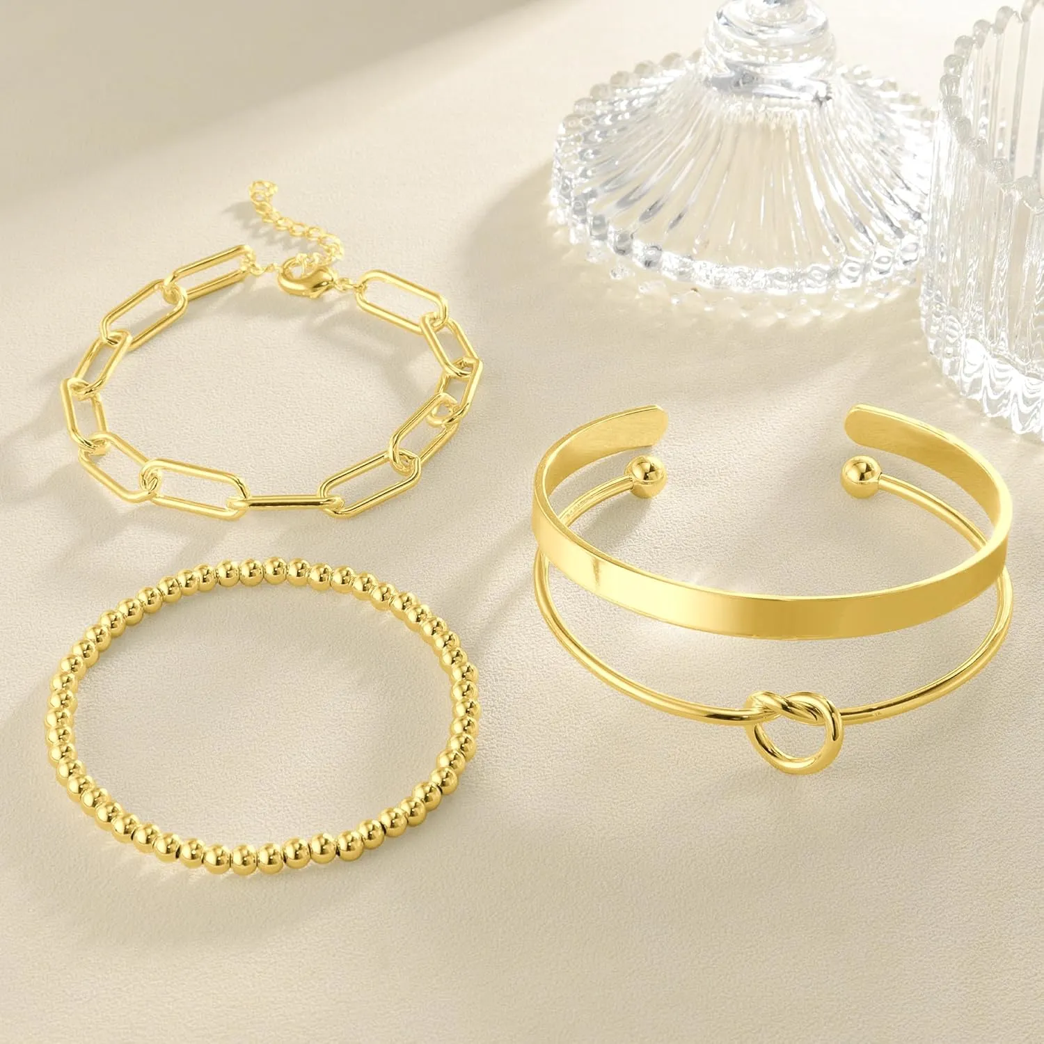 Reoxvo 14K Gold Plated Bangle Cuff Bracelets for Women Non Tarnish Gold Bracelet Stack Jewelry Set for Women Trendy