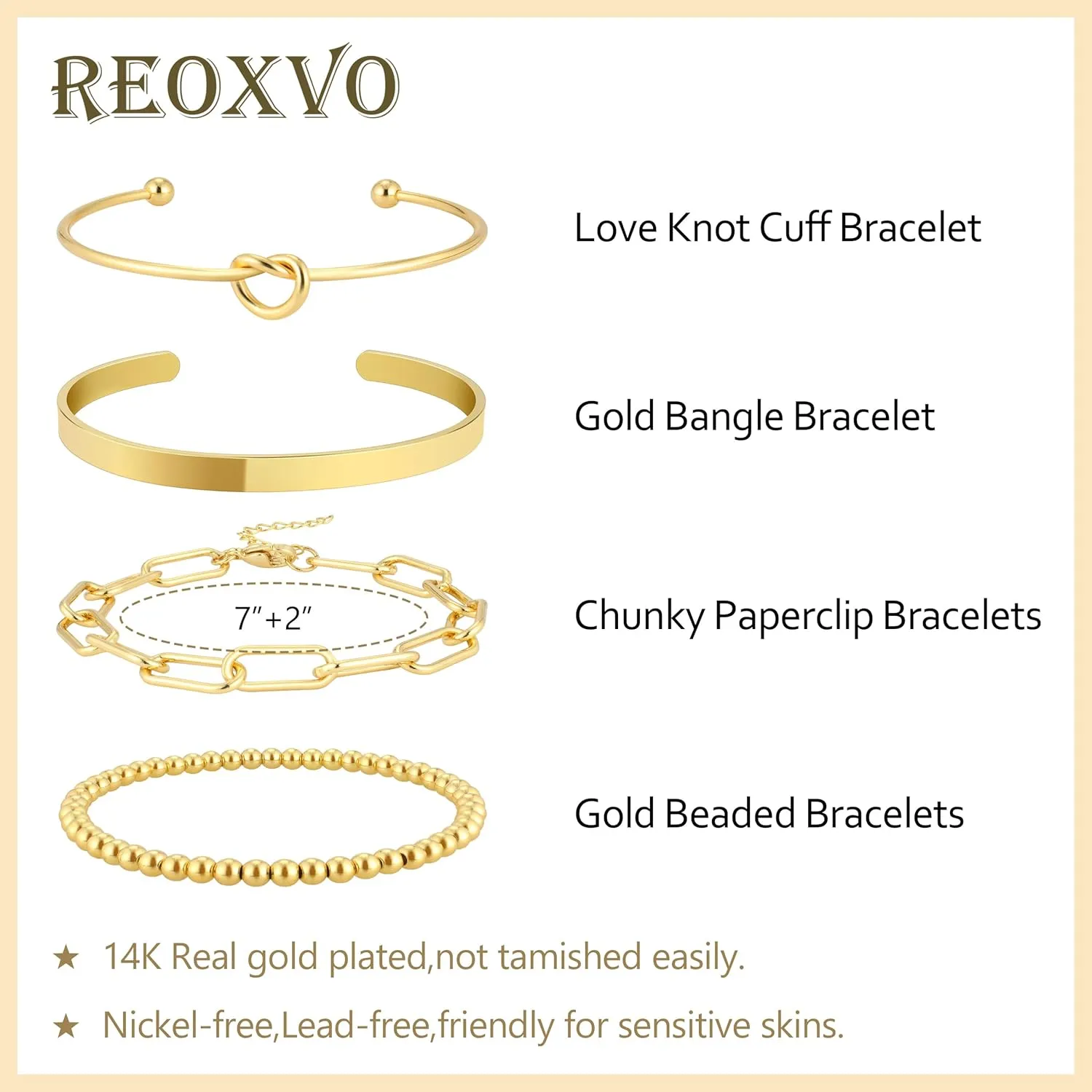 Reoxvo 14K Gold Plated Bangle Cuff Bracelets for Women Non Tarnish Gold Bracelet Stack Jewelry Set for Women Trendy