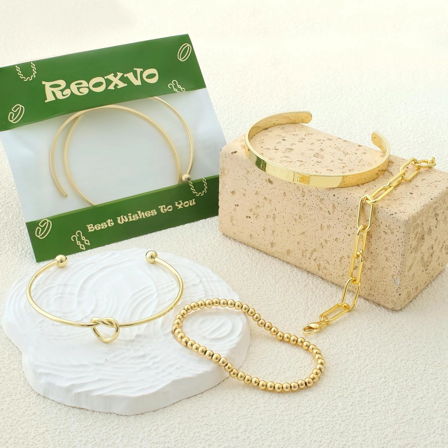 Reoxvo 14K Gold Plated Bangle Cuff Bracelets for Women Non Tarnish Gold Bracelet Stack Jewelry Set for Women Trendy