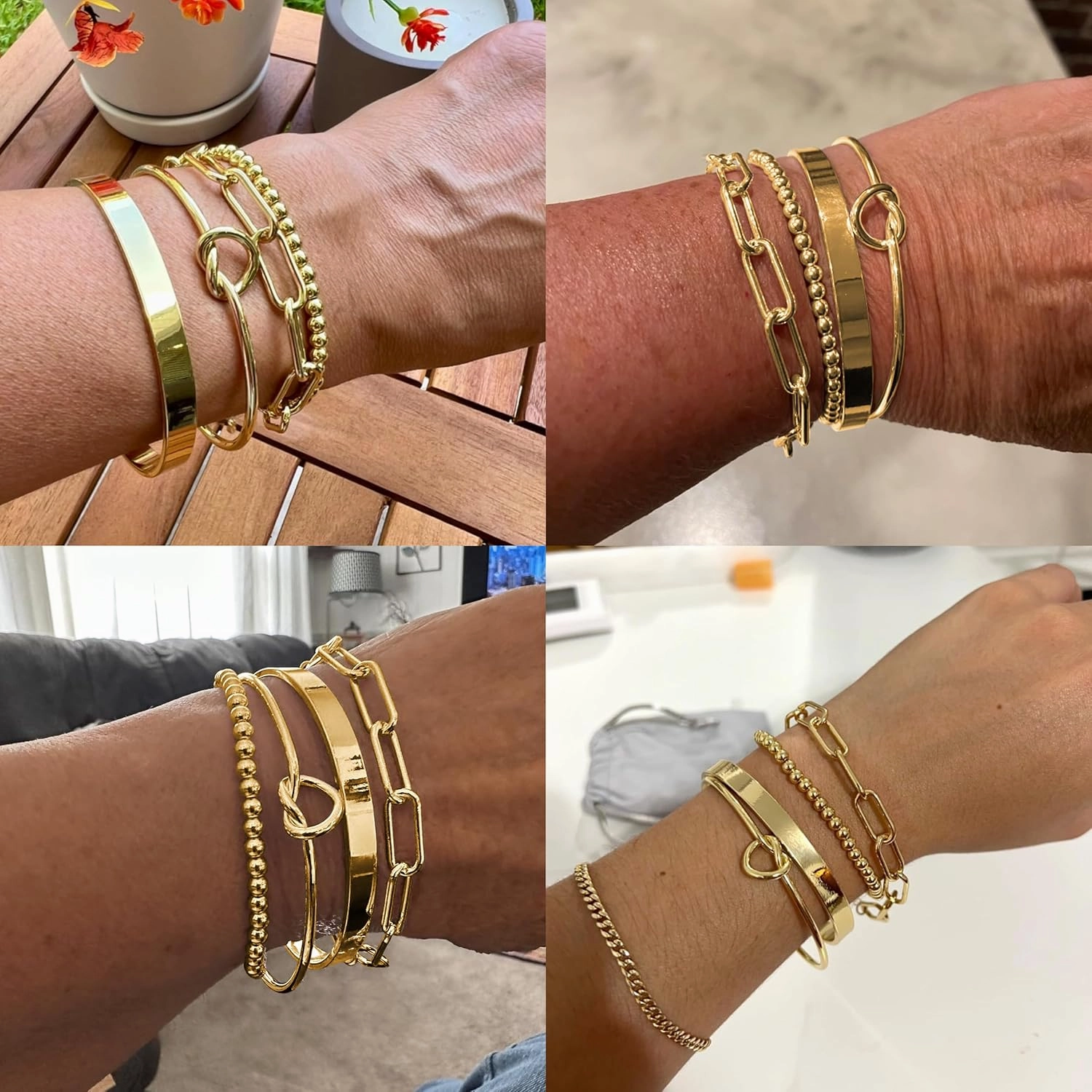 Reoxvo 14K Gold Plated Bangle Cuff Bracelets for Women Non Tarnish Gold Bracelet Stack Jewelry Set for Women Trendy