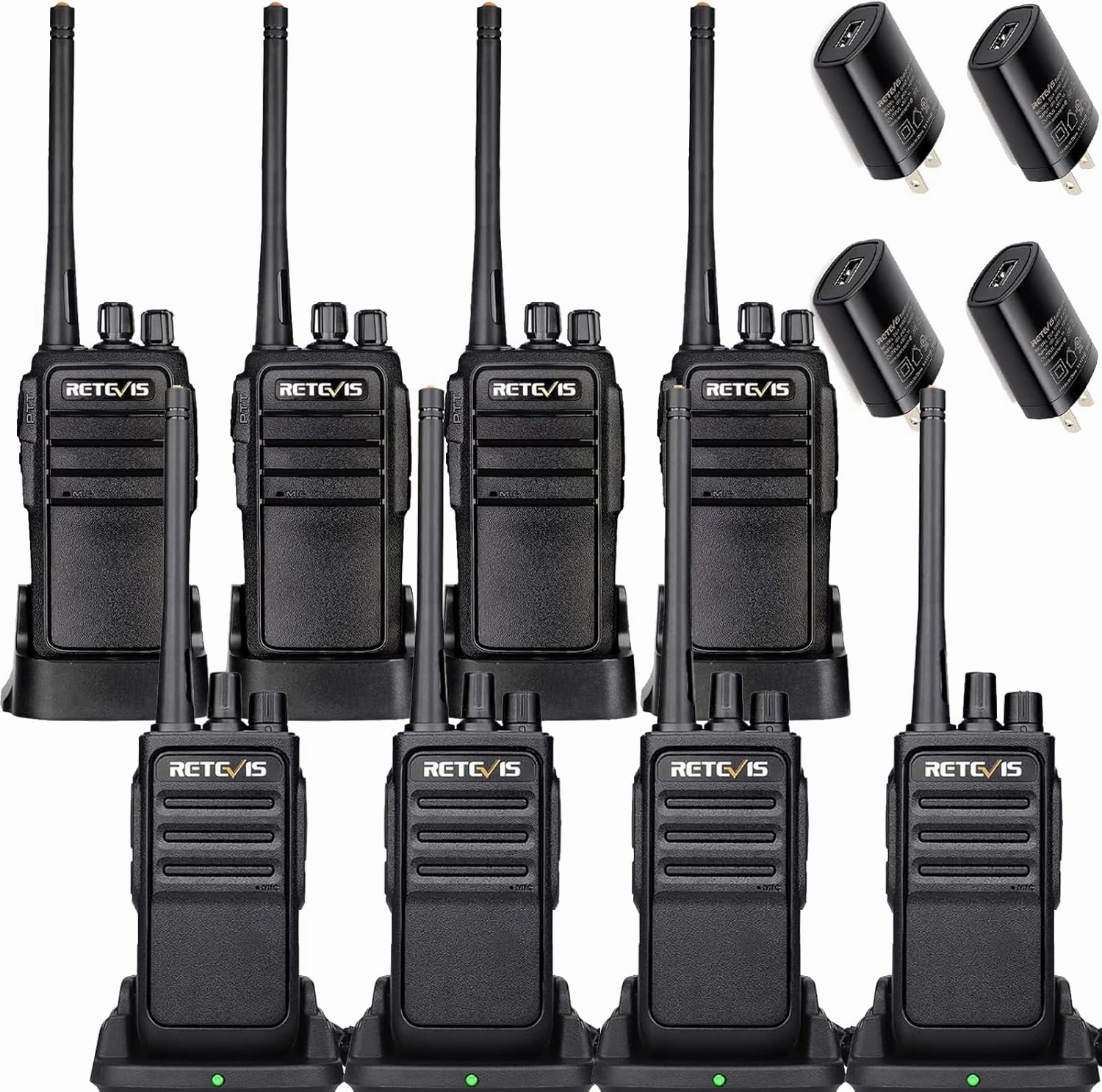 Retevis RT21 Walkie Talkies for Adults(4 Pack) with Wall Charger Base,Bundle with RT17 Walkie Talkies Long Range(4 Pack) with USB Charger Base,Rugged Two Way Radio for School Business