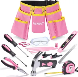 REXBETI 18pc Pink Young Builder's Set with Real Tools, Reinforced Kids Belt, Waist 20"-32", Learning Kit for DIY & Woodworking